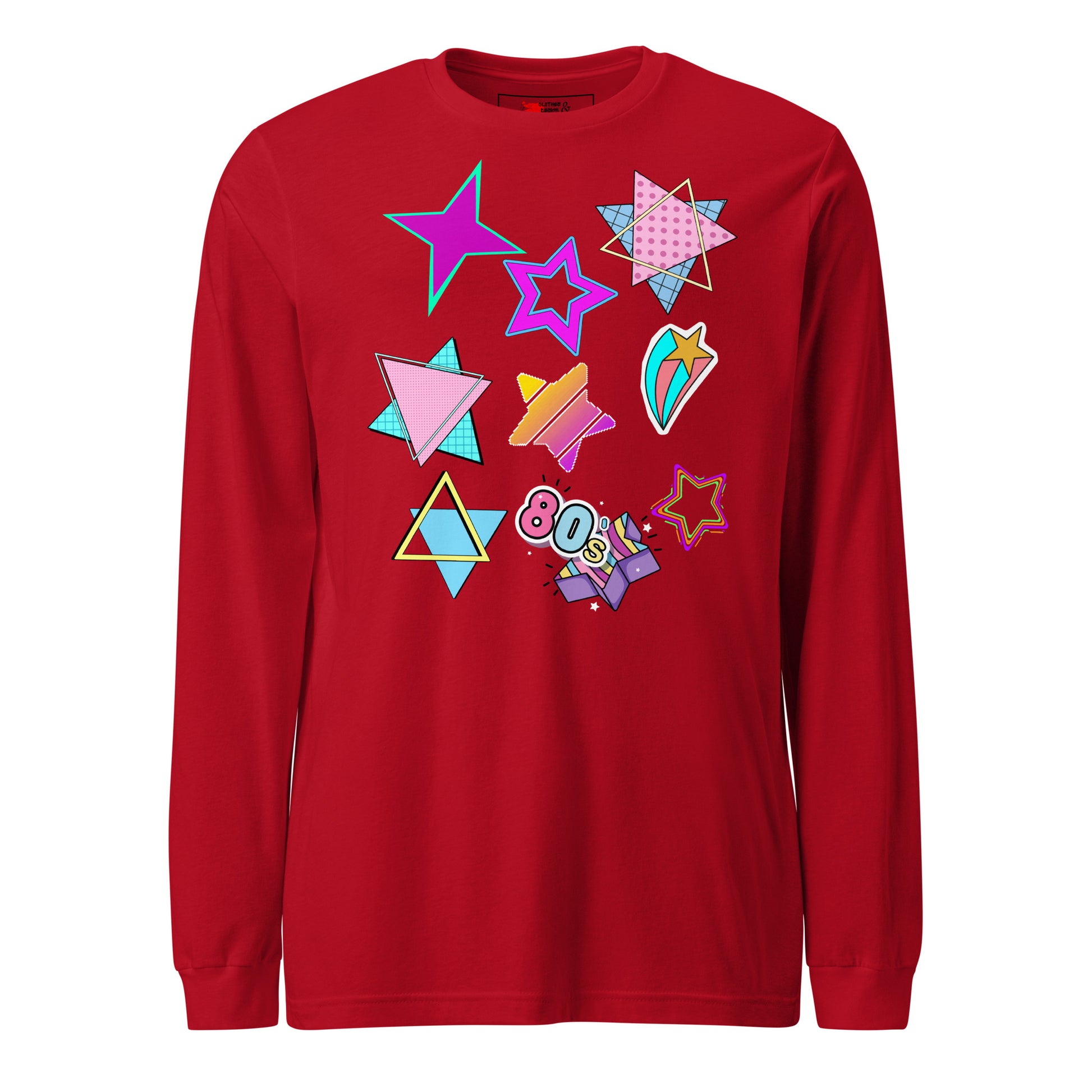 Unisex 80s graphic long sleeve t-shirt with Memphis design – retro pop art style by Hipyfi Clothes & Design. red-front-5