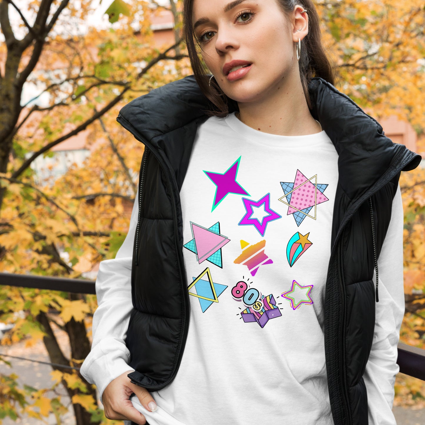 Unisex 80s graphic long sleeve t-shirt with Memphis design – retro pop art style by Hipyfi Clothes & Design. white-front-4