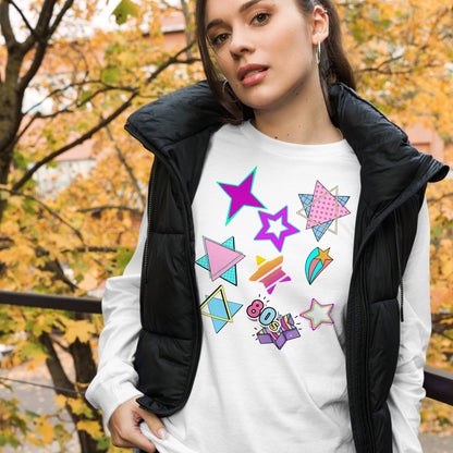 Unisex 80s graphic long sleeve t-shirt with Memphis design – retro pop art style by Hipyfi Clothes & Design. white-front-4