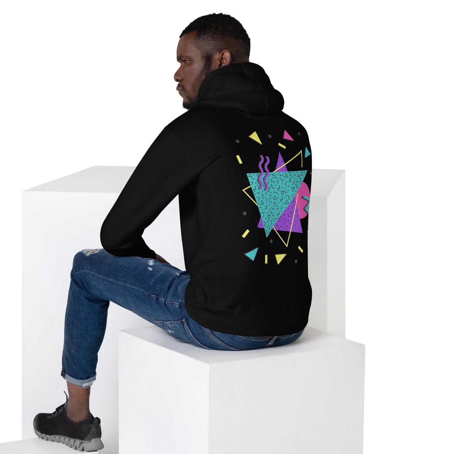 Retro Pop Memphis Hoodie with colorful geometric abstract design – unisex streetwear by Hipyfi Clothes & Design. black-back