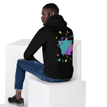 Retro Pop Memphis Hoodie with colorful geometric abstract design – unisex streetwear by Hipyfi Clothes & Design. black-back