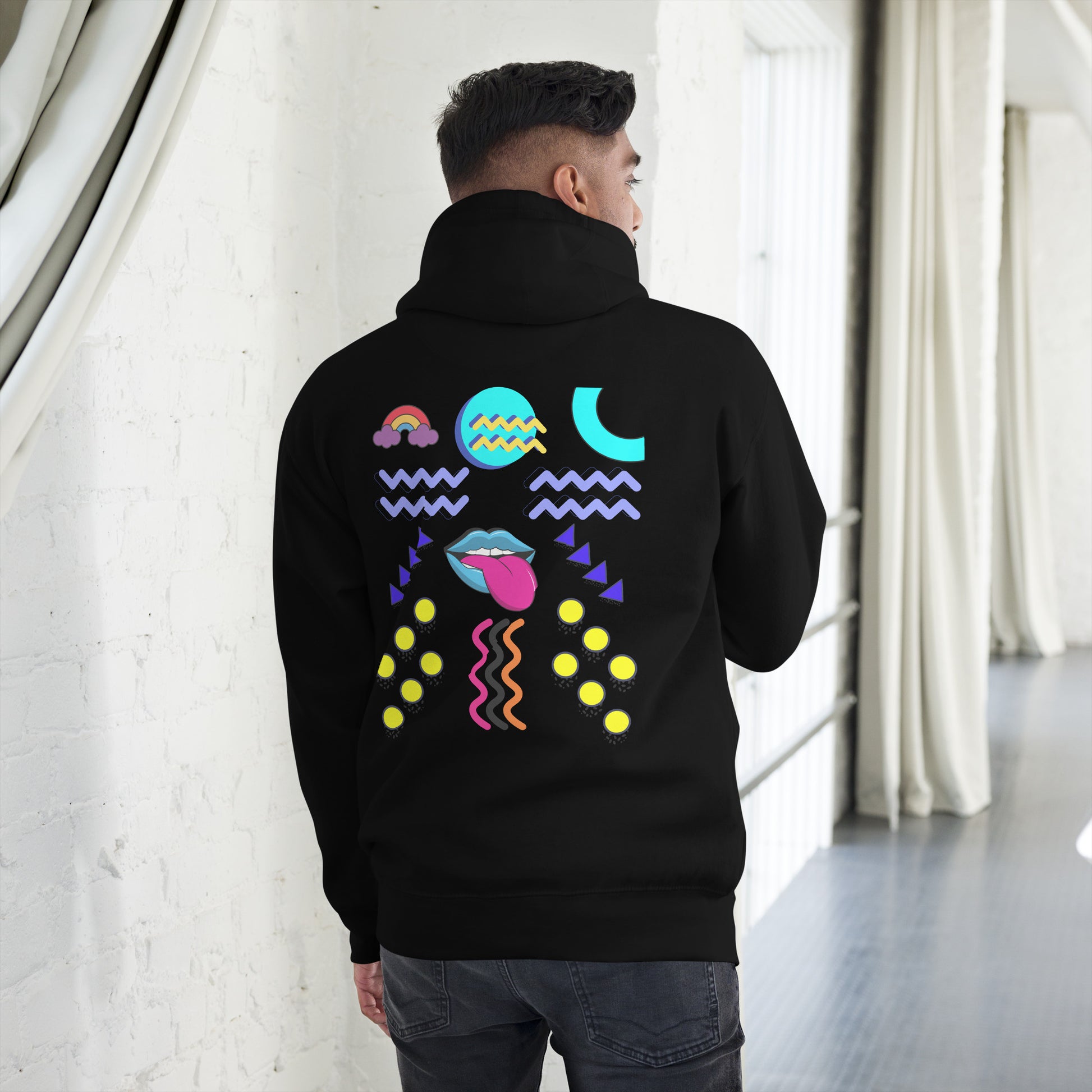 Unisex neon retro hoodie with Memphis abstract pop art design by Hipyfi Clothes & Design. black-back