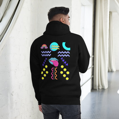 Unisex neon retro hoodie with Memphis abstract pop art design by Hipyfi Clothes & Design. black-back