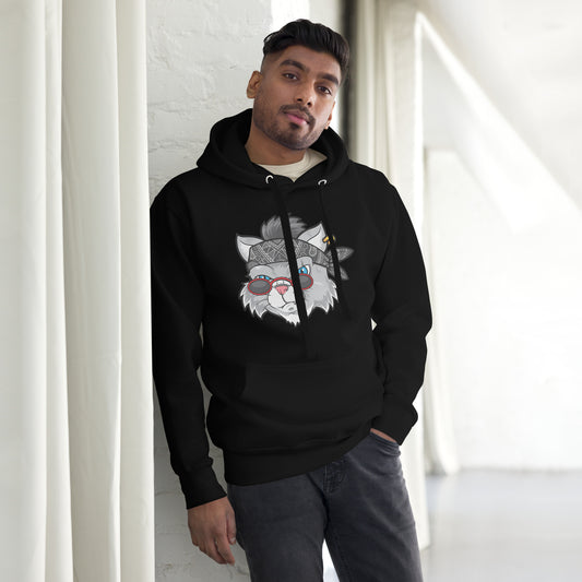 Street Cat Unisex Hoodie featuring cartoon bandana cat graphic – Hipyfi Clothes & Design streetwear. black-front