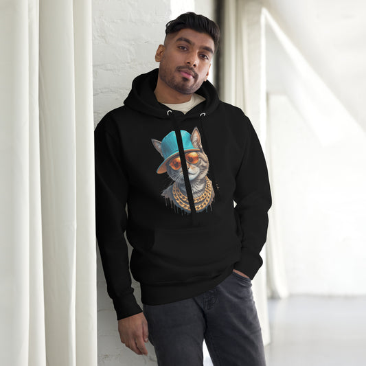 Unisex streetwear hoodie with urban cat graphic, teal cap, gold chains, and graffiti-style design – Hipyfi Clothes & Design. black-front