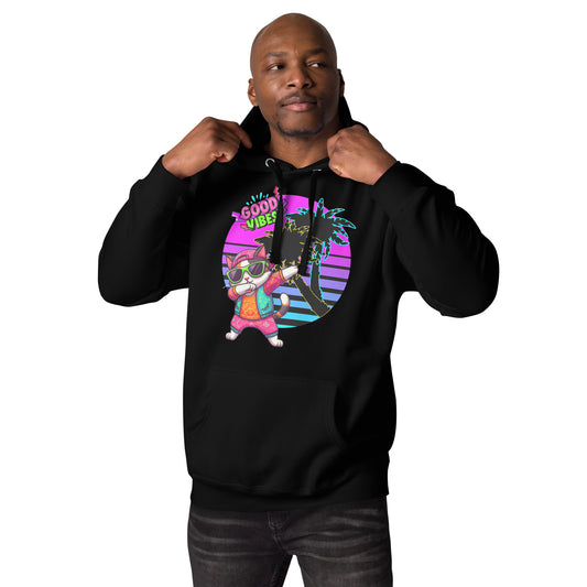 Unisex retro neon graphic hoodie with dabbing cat and Good Vibes text – Hipyfi streetwear. black-front