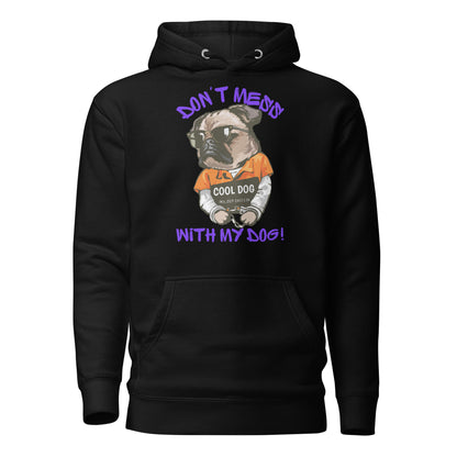 Funny pug mugshot graphic on unisex streetwear hoodie – Cool Dog design by Hipyfi Clothes & Design. black-front-2