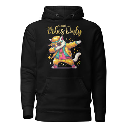Unisex Good Vibes Cat Hoodie featuring a dabbing cat in hip-hop streetwear – premium graphic hoodie by Hipyfi Clothes & Design. black-front-2
