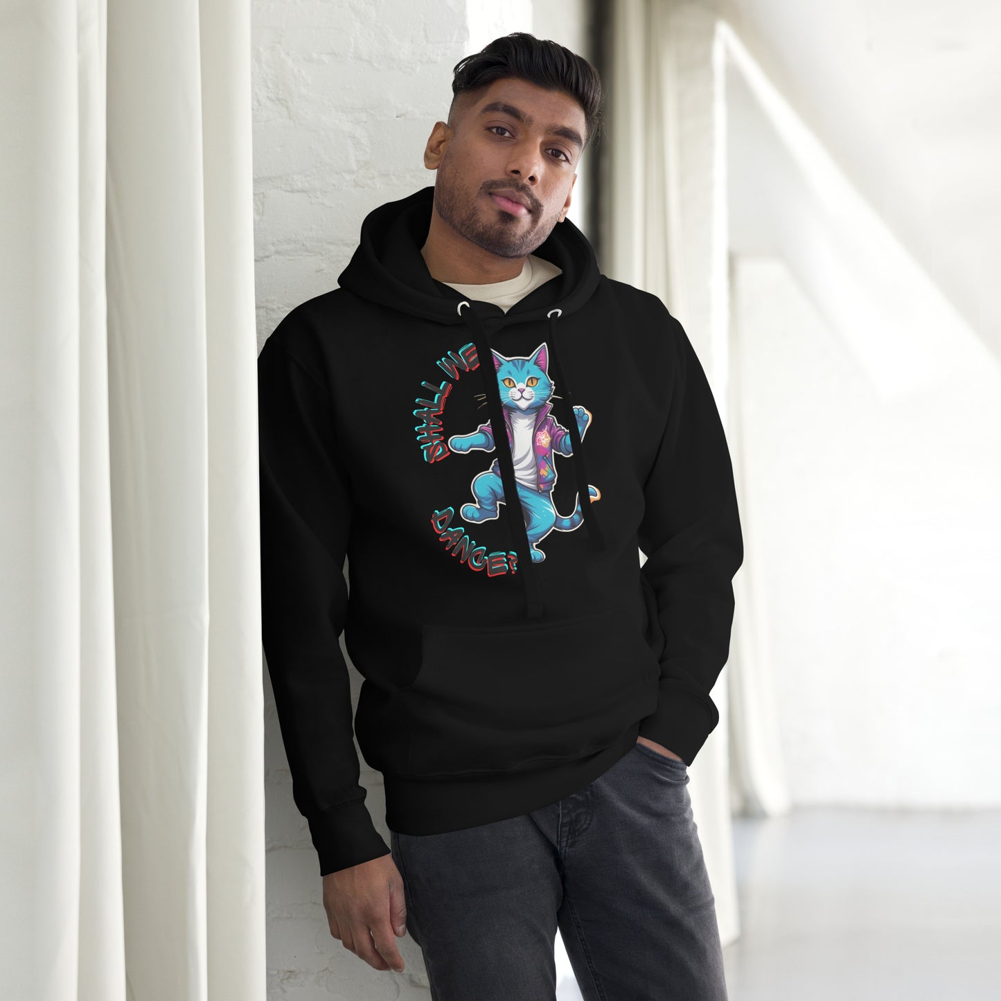 Hipyfi Unisex Premium Hoodie with Vibrant Dance Cat Graphic - Streetwear Style, Soft Cotton Blend, Front Pouch Pocket and Cozy Hood. black-front