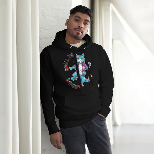 Hipyfi Unisex Premium Hoodie with Vibrant Dance Cat Graphic - Streetwear Style, Soft Cotton Blend, Front Pouch Pocket and Cozy Hood. black-front