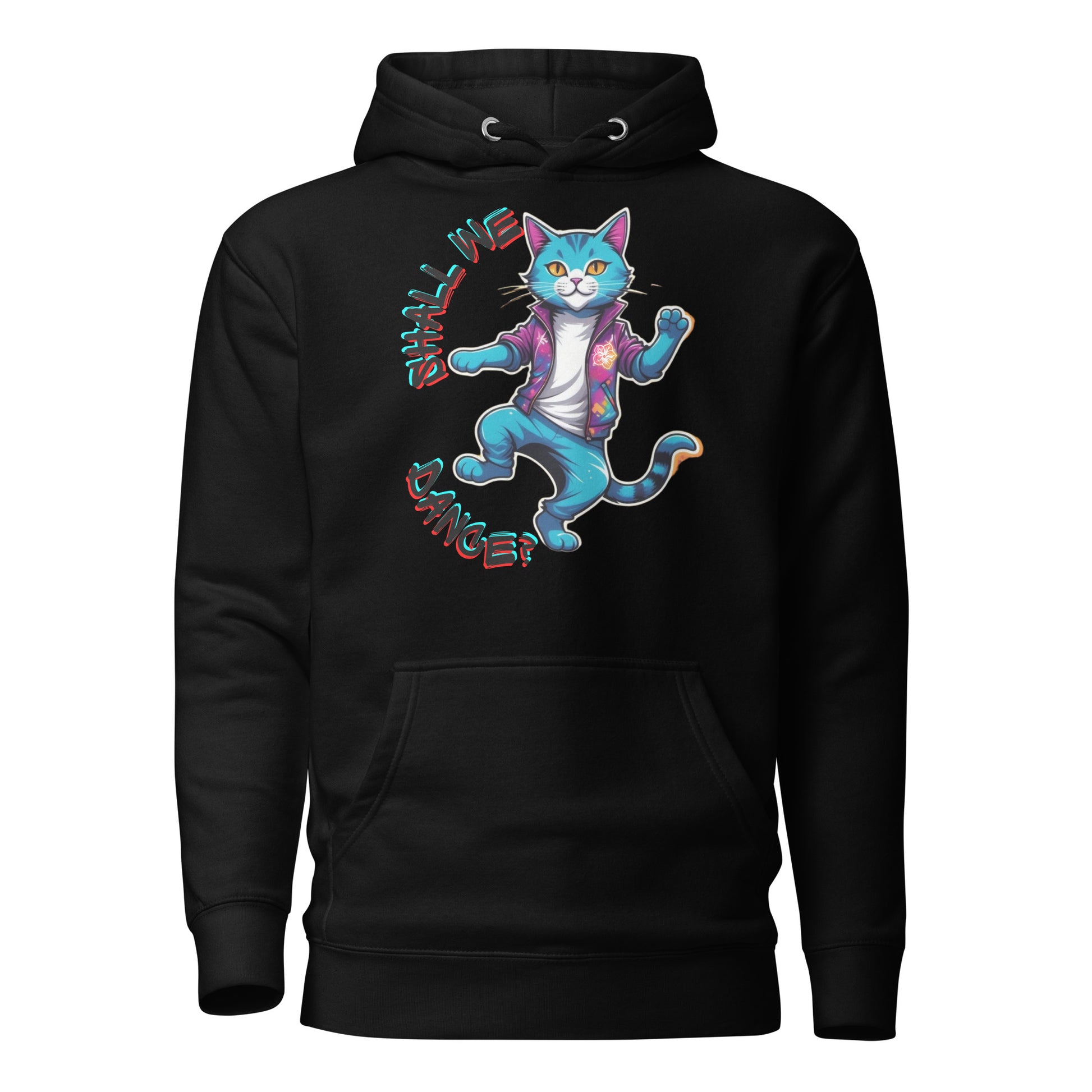 Hipyfi Unisex Premium Hoodie with Vibrant Dance Cat Graphic - Streetwear Style, Soft Cotton Blend, Front Pouch Pocket and Cozy Hood. black-front-2