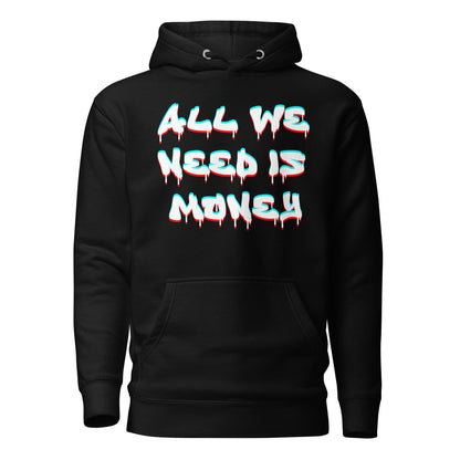 Unisex graffiti hoodie with 3D dripping text – ALL WE NEED IS MONEY design by Hipyfi Clothes & Design. black-front-2