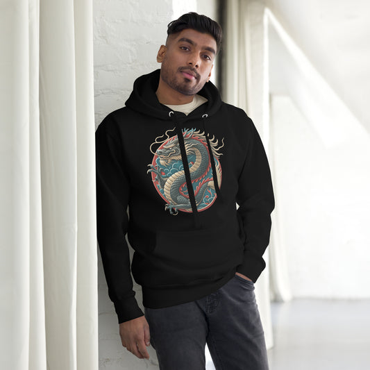 Unisex premium hoodie with Chinese dragon design – streetwear graphic by Hipyfi Clothes & Design. black-front