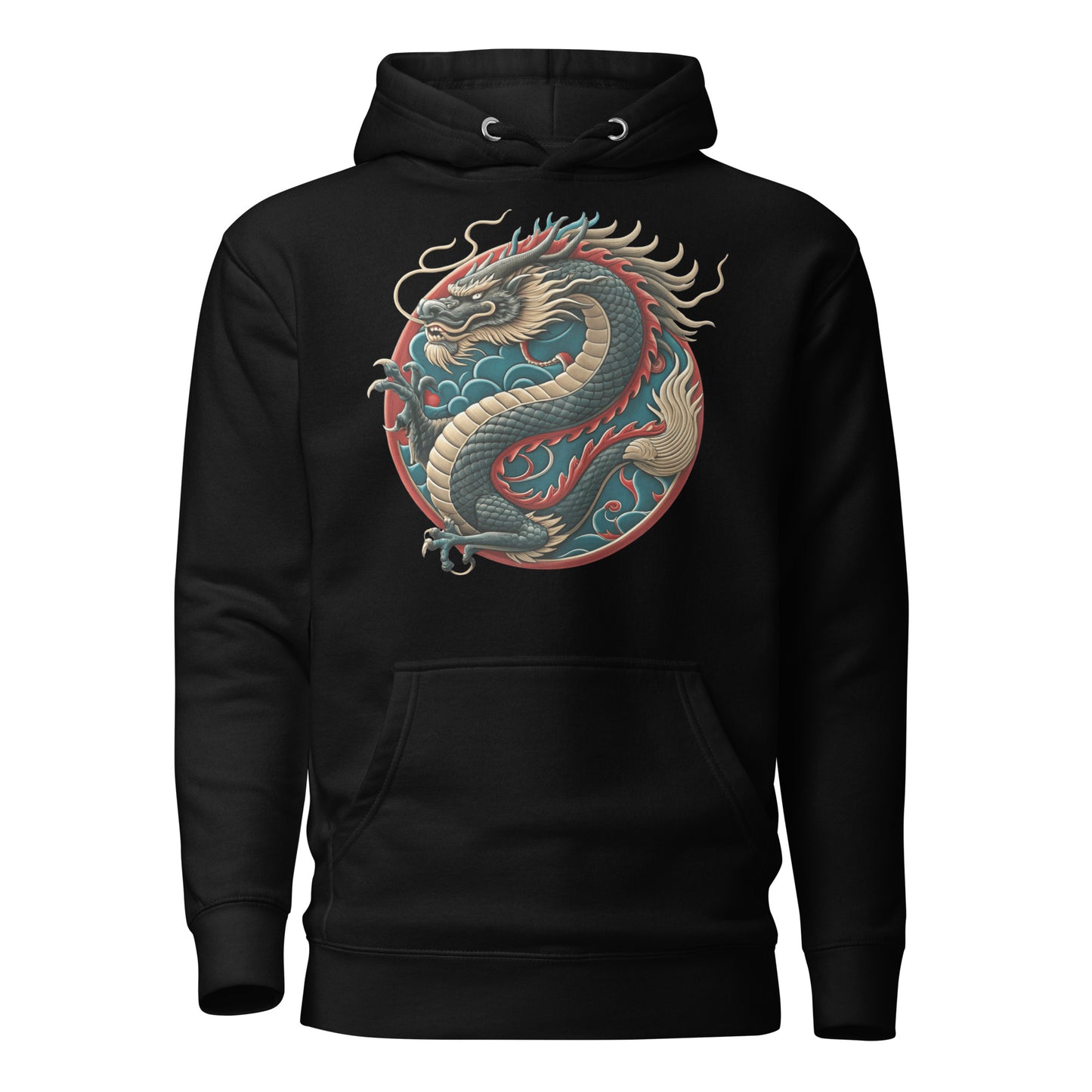 Unisex premium hoodie with Chinese dragon design – streetwear graphic by Hipyfi Clothes & Design. black-front-2