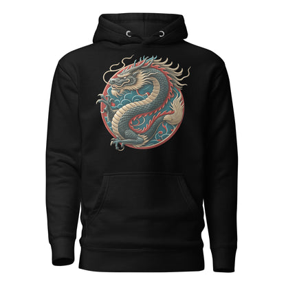 Unisex premium hoodie with Chinese dragon design – streetwear graphic by Hipyfi Clothes & Design. black-front-2