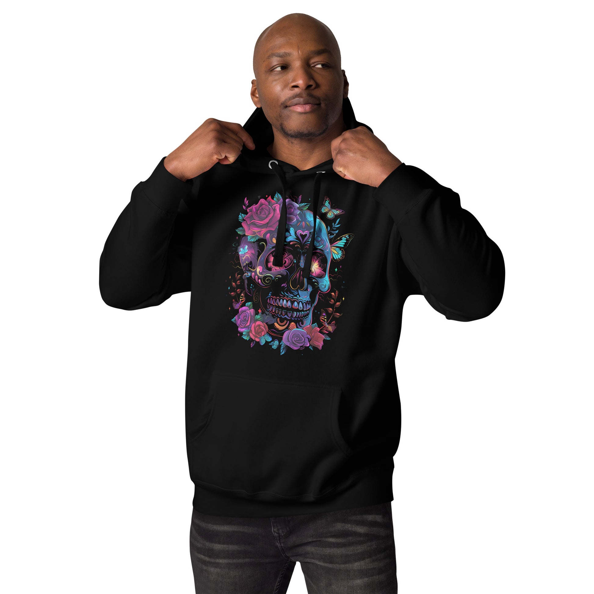 Unisex Skull & Roses Hoodie with Colorful Floral and Butterfly Graphic – Día de los Muertos Streetwear by Hipyfi Clothes & Design. black-front