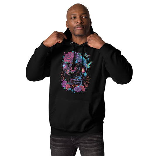 Unisex Skull & Roses Hoodie with Colorful Floral and Butterfly Graphic – Día de los Muertos Streetwear by Hipyfi Clothes & Design. black-front