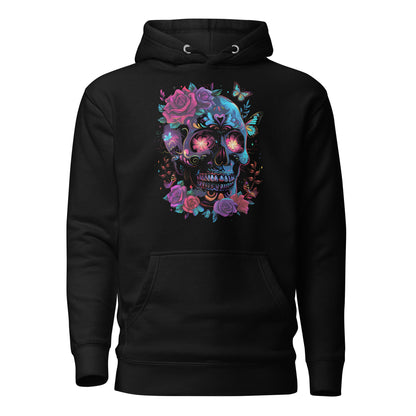 Unisex Skull & Roses Hoodie with Colorful Floral and Butterfly Graphic – Día de los Muertos Streetwear by Hipyfi Clothes & Design. black-front-2