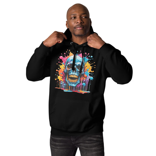 Blue Skull Splash Unisex Streetwear Hoodie by Hipyfi – Digital Art and Graffiti Style. black-front