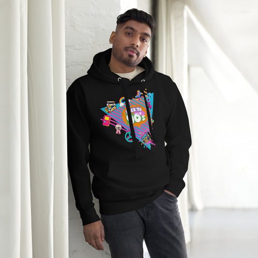Back to 90s retro unisex graphic hoodie with colorful vintage design – Hipyfi Clothes & Design. black-front