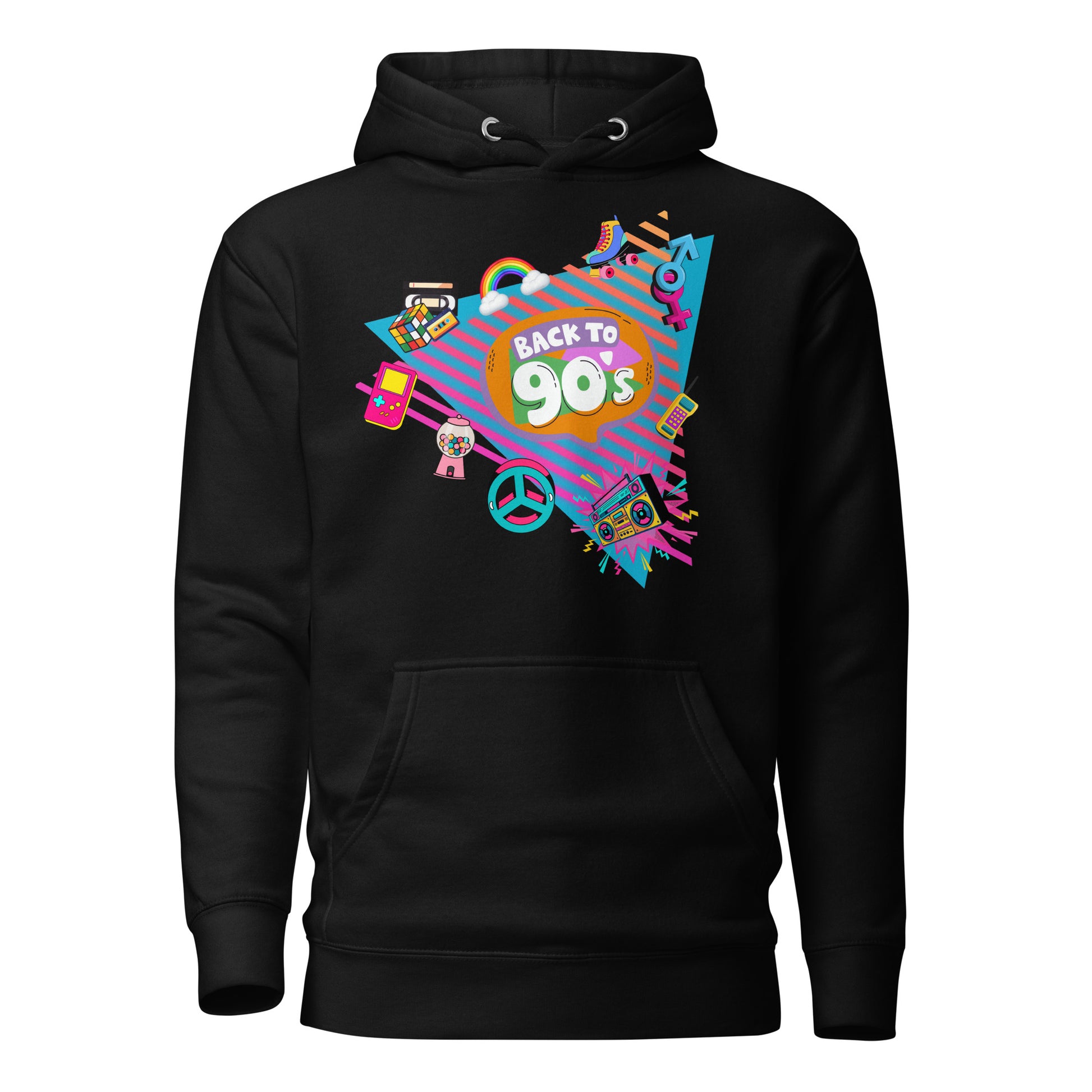 Back to 90s retro unisex graphic hoodie with colorful vintage design – Hipyfi Clothes & Design. black-front-2