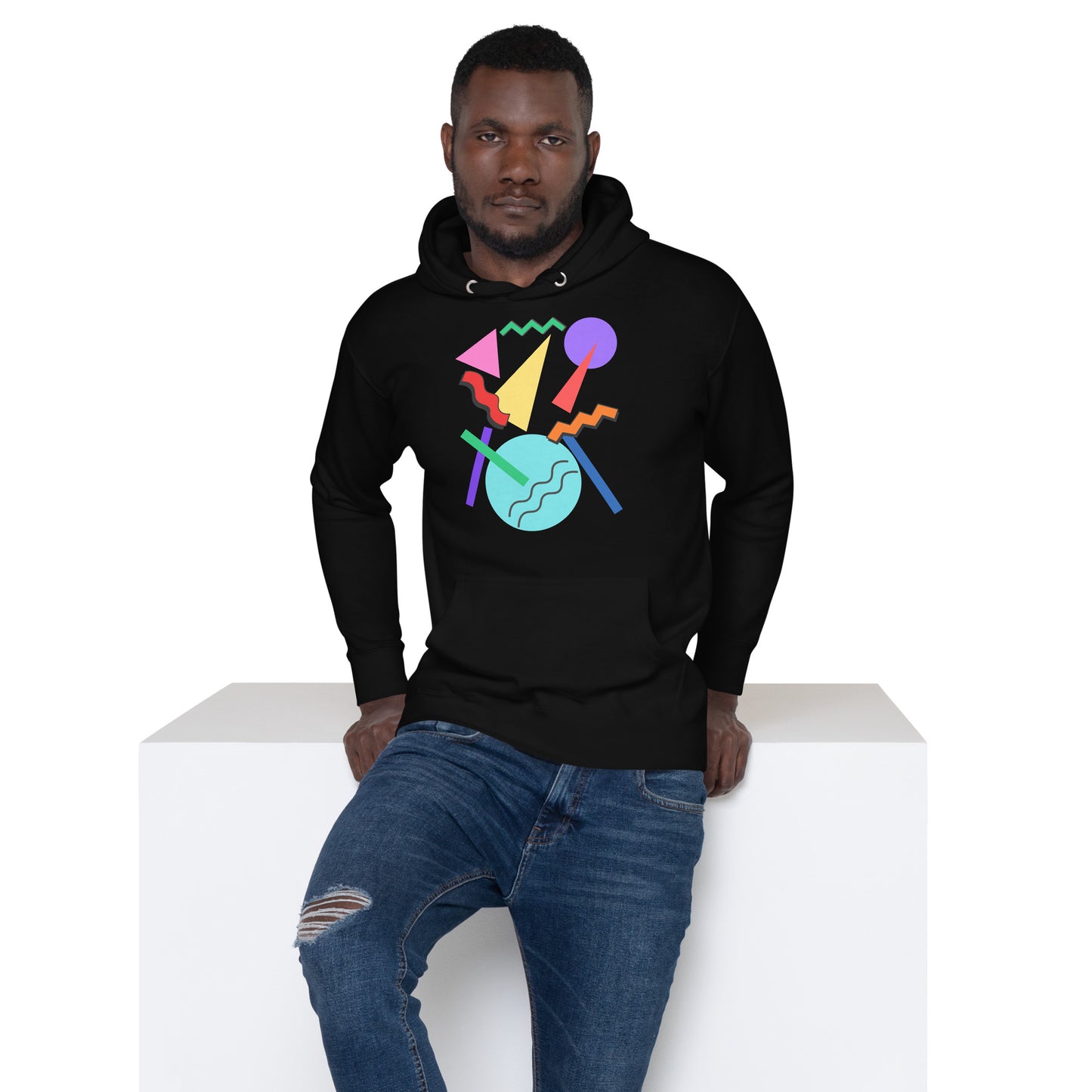 Retro Pop Memphis Hoodie with colorful geometric abstract design – unisex streetwear by Hipyfi Clothes & Design. black-front