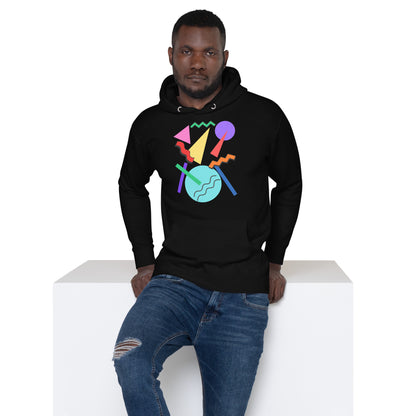 Retro Pop Memphis Hoodie with colorful geometric abstract design – unisex streetwear by Hipyfi Clothes & Design. black-front