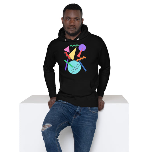 Retro Pop Memphis Hoodie with colorful geometric abstract design – unisex streetwear by Hipyfi Clothes & Design. black-front