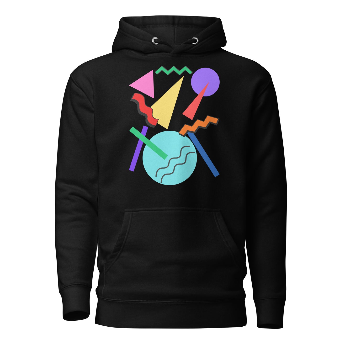 Retro Pop Memphis Hoodie with colorful geometric abstract design – unisex streetwear by Hipyfi Clothes & Design. black-front-2