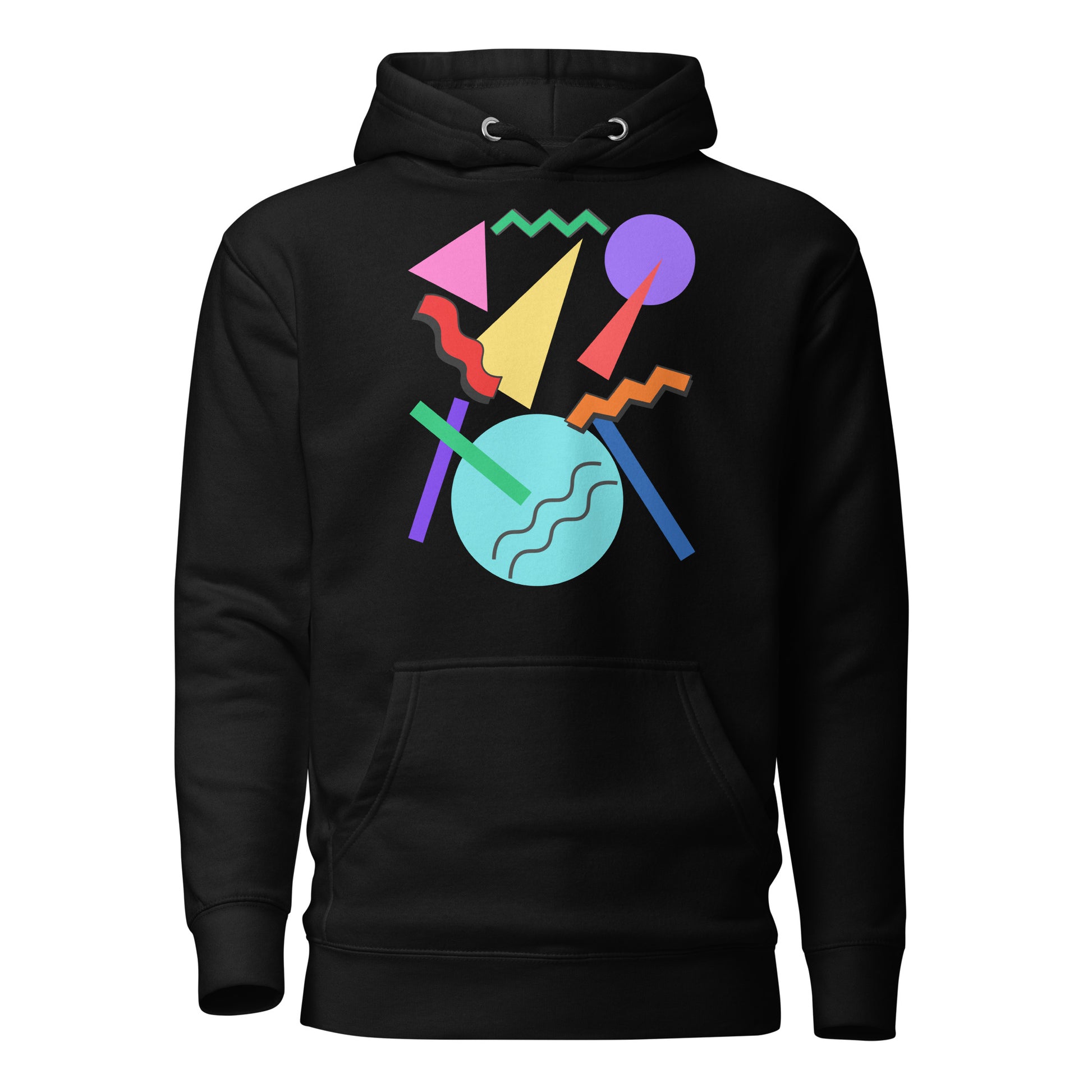 Retro Pop Memphis Hoodie with colorful geometric abstract design – unisex streetwear by Hipyfi Clothes & Design. black-front-2