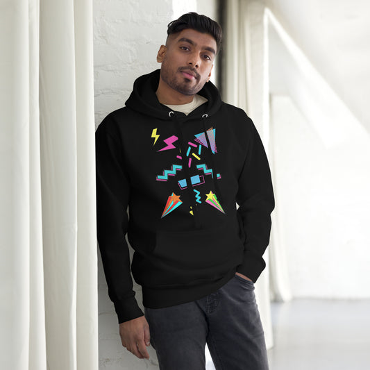 Unisex neon retro hoodie with Memphis abstract pop art design by Hipyfi Clothes & Design. black-front