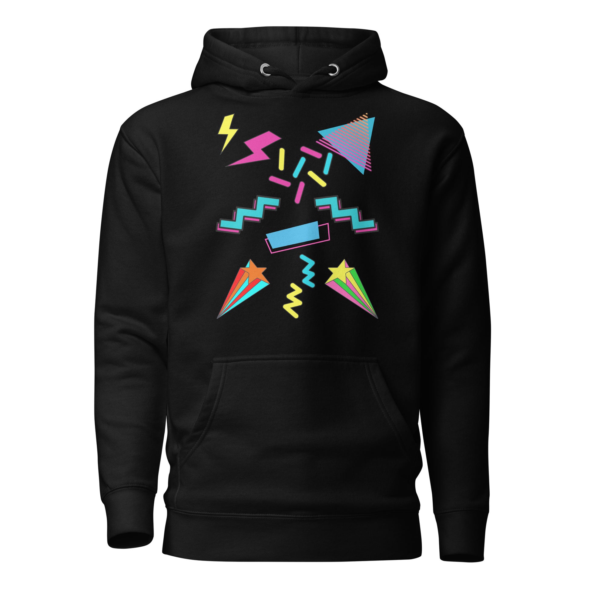 Unisex neon retro hoodie with Memphis abstract pop art design by Hipyfi Clothes & Design. black-front-2