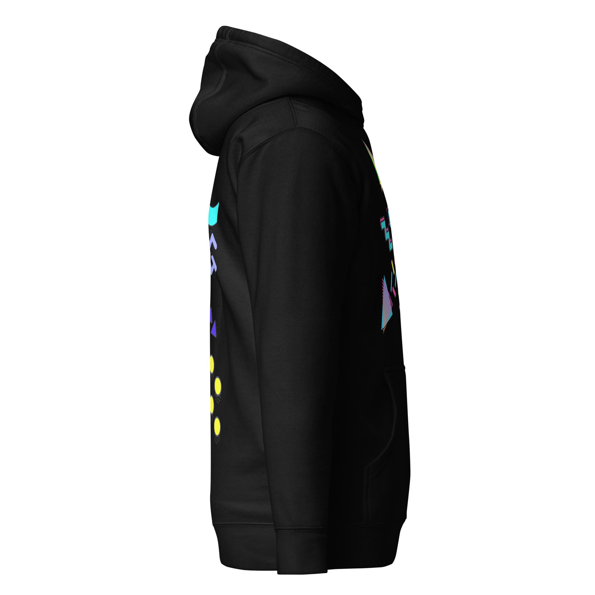 Unisex neon retro hoodie with Memphis abstract pop art design by Hipyfi Clothes & Design. black-right
