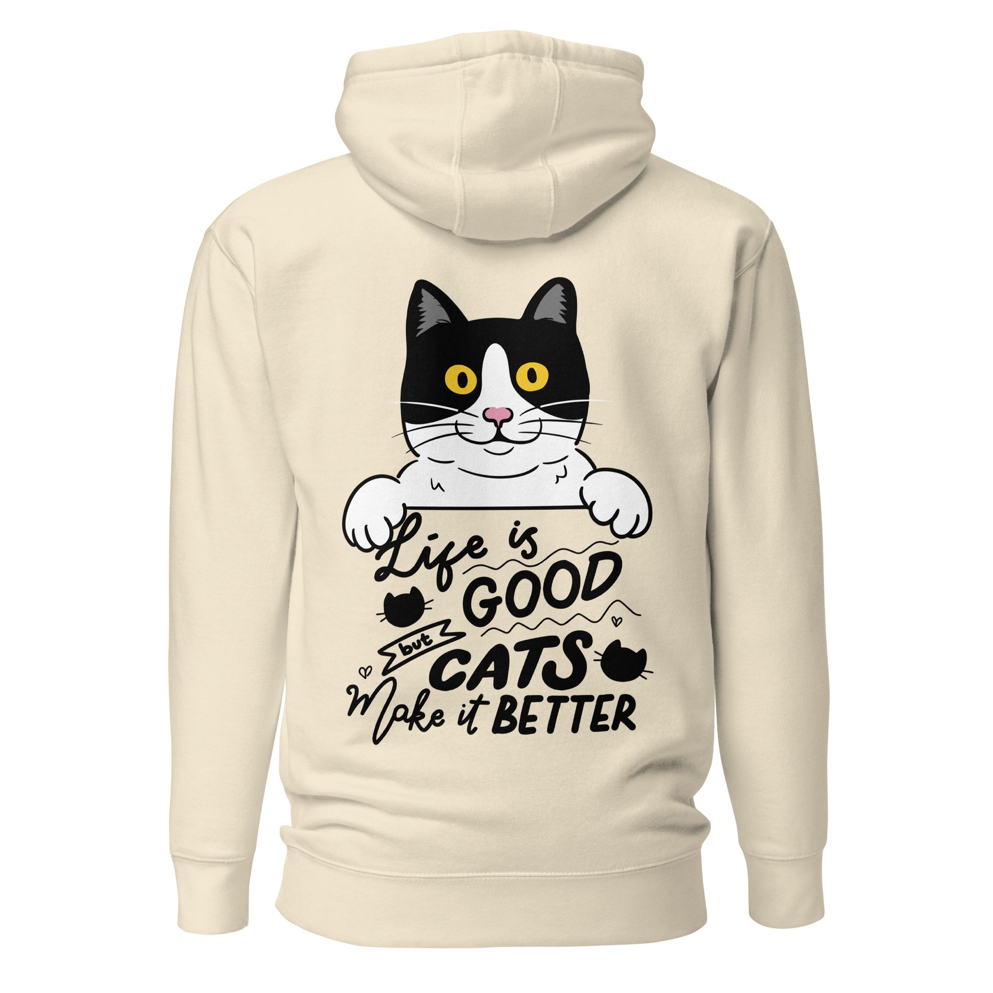 Unisex premium cat hoodie with cartoon black-and-white cat and “Life is Better With Cats” quote – Hipyfi Clothes & Design. bone-back-2