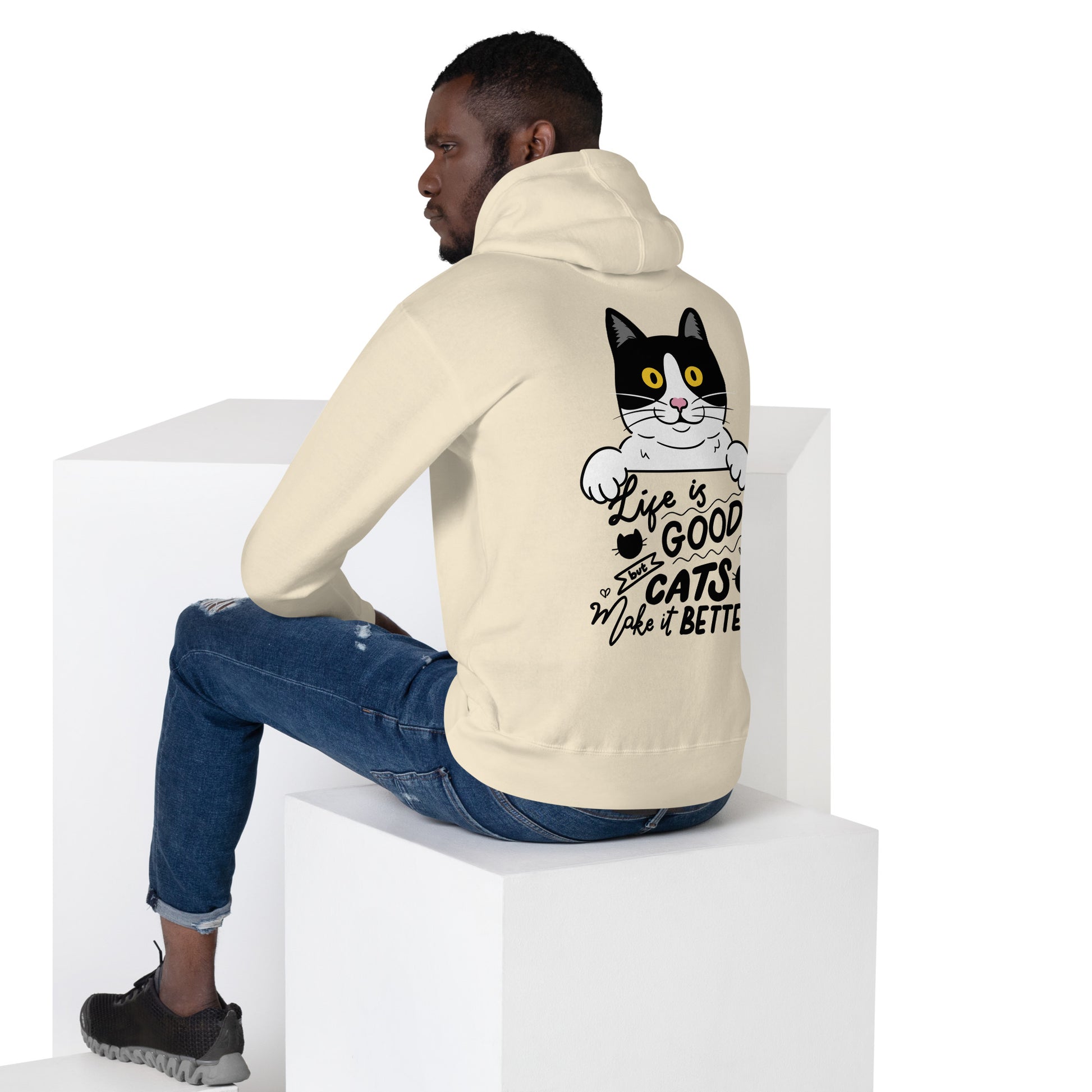 Unisex premium cat hoodie with cartoon black-and-white cat and “Life is Better With Cats” quote – Hipyfi Clothes & Design. bone-back
