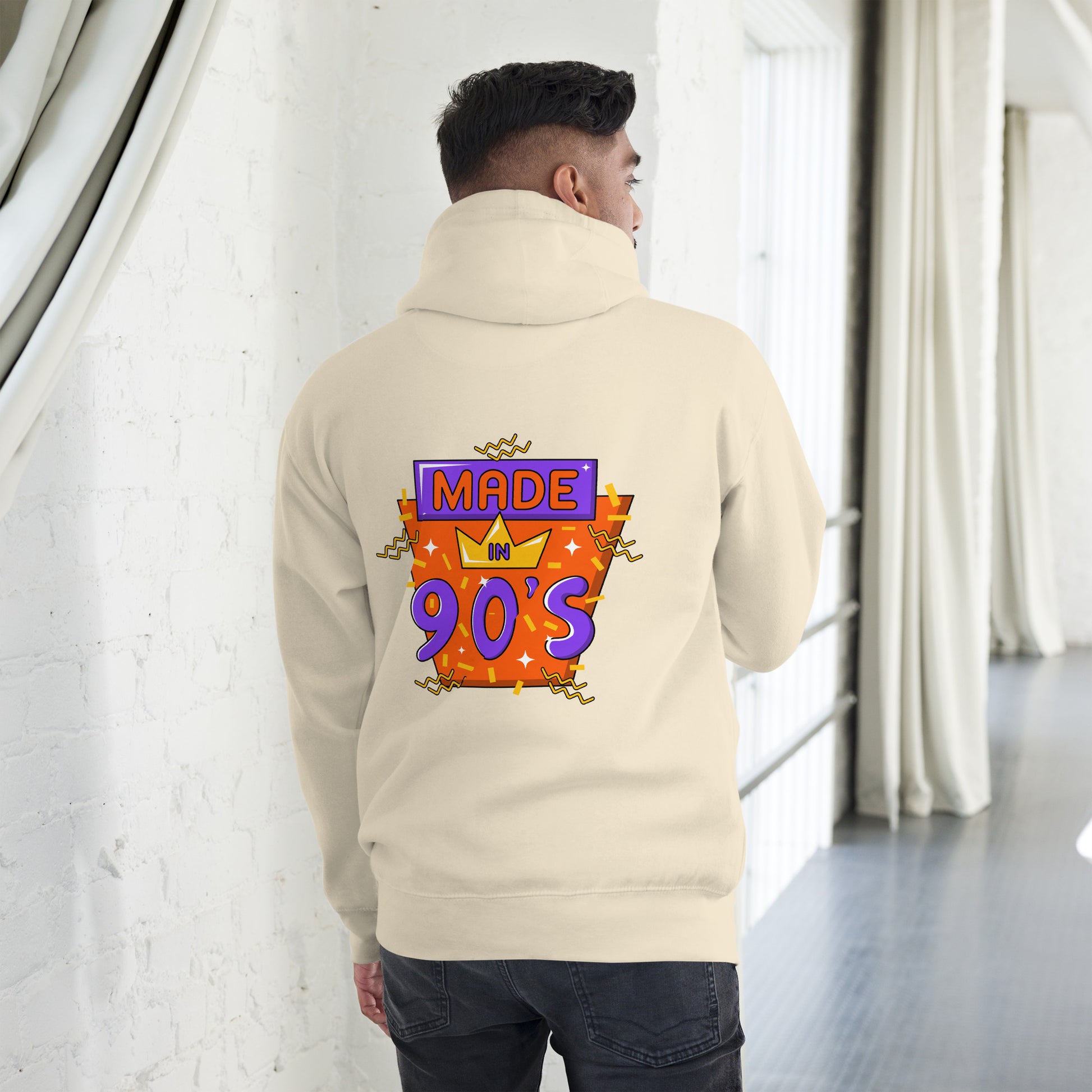 Back to 90s retro unisex graphic hoodie with colorful vintage design – Hipyfi Clothes & Design. bone-back