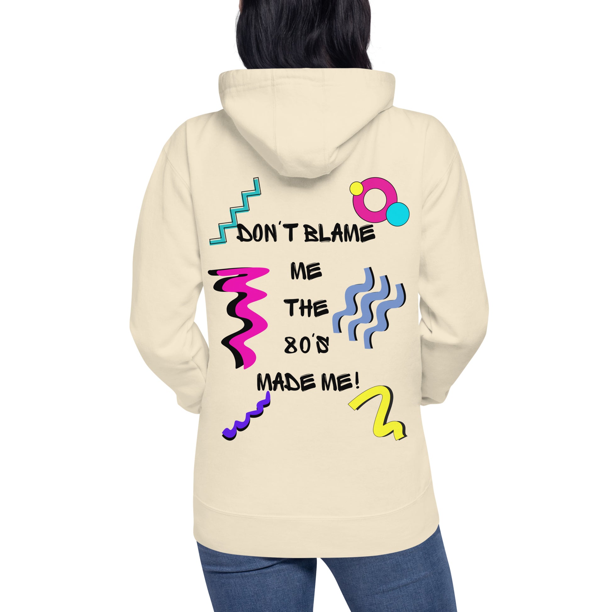 Unisex 80s graphic hoodie with retro slogan – Made in the 80s Vibes by Hipyfi Clothes & Design. bone-back