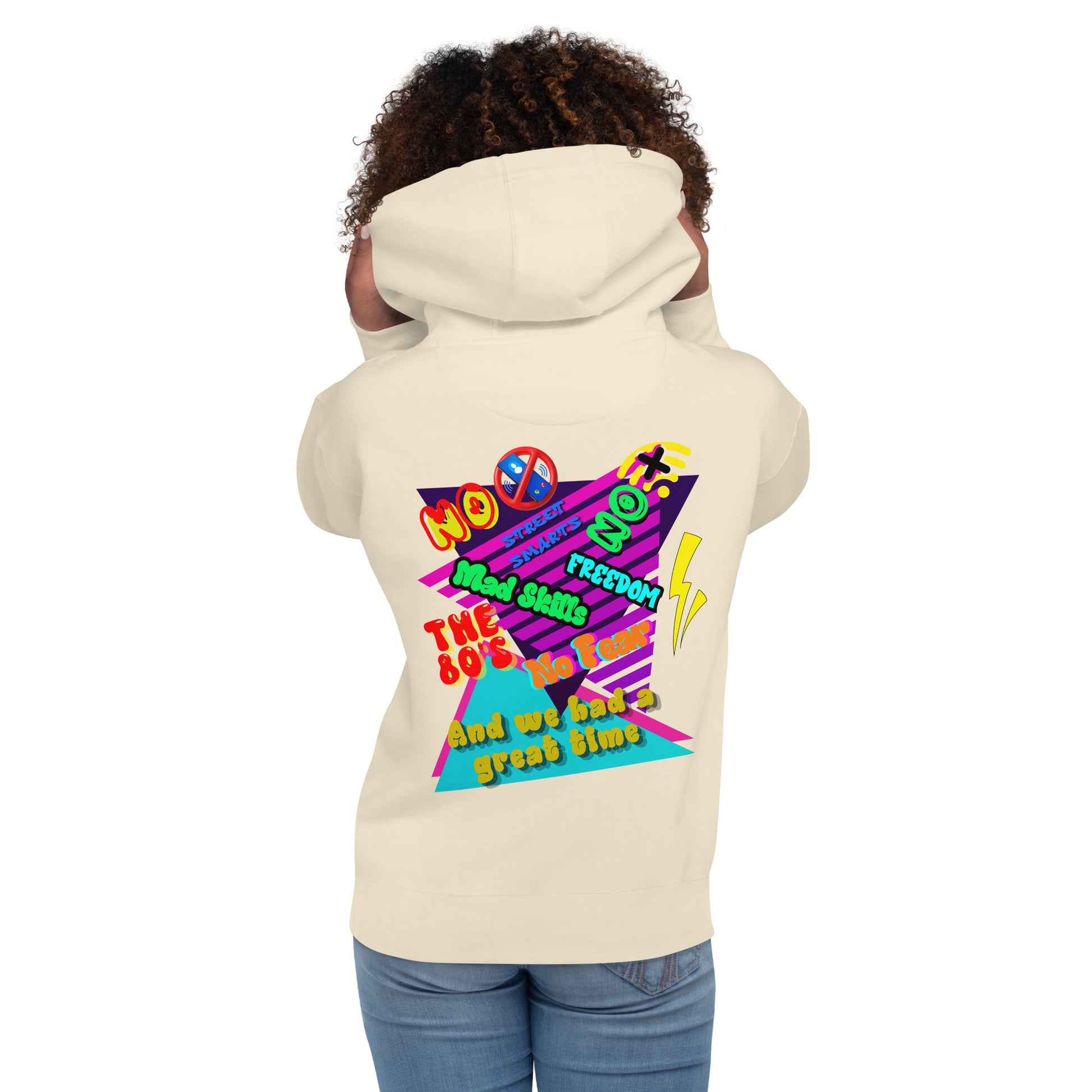 Unisex retro 80s graffiti hoodie with neon colors and streetwear design by Hipyfi Clothes & Design bone-back