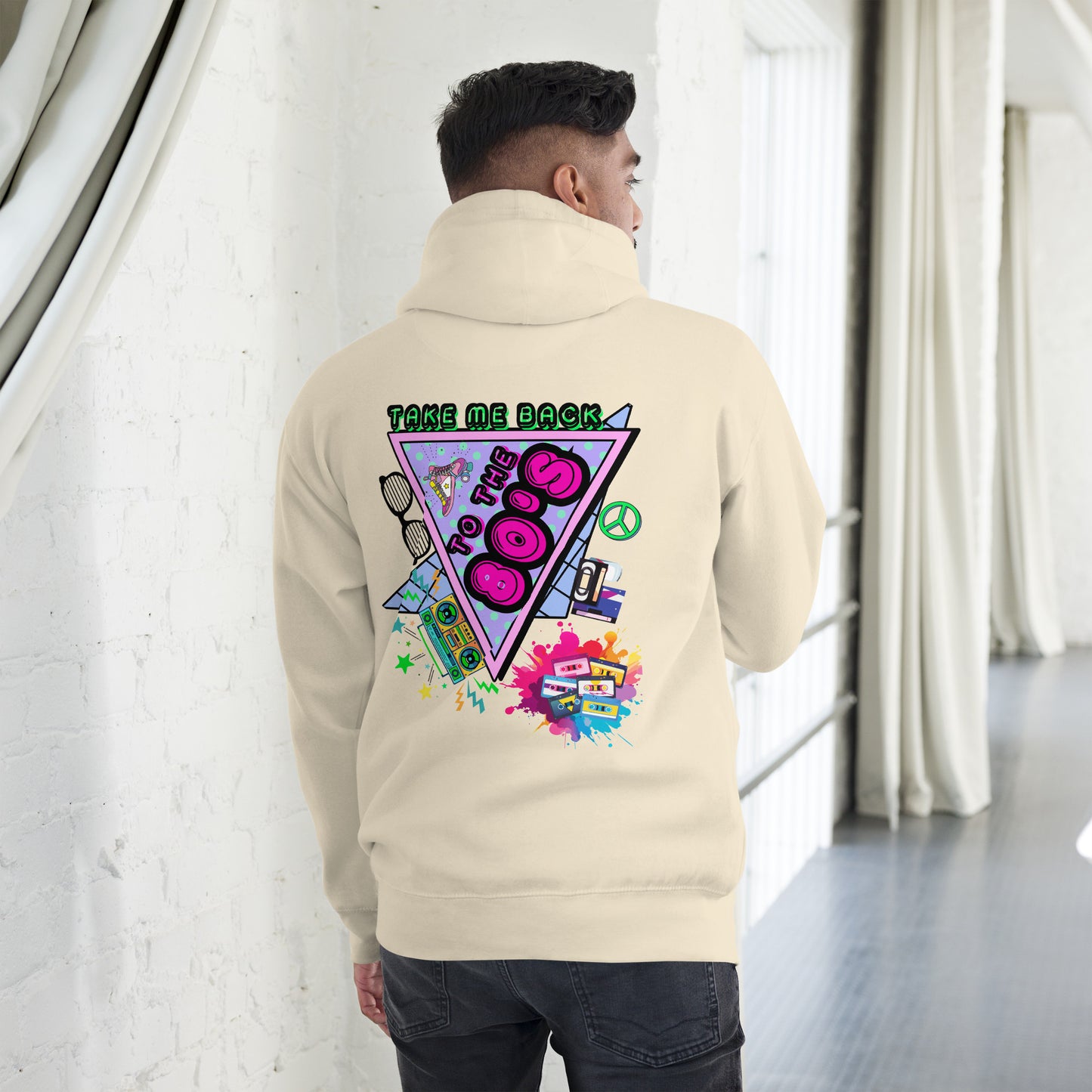 Hipyfi 80s Neon Graphic Hoodie – Unisex Retro Design with Vibrant 80s Pop Culture Graphic. bone-back