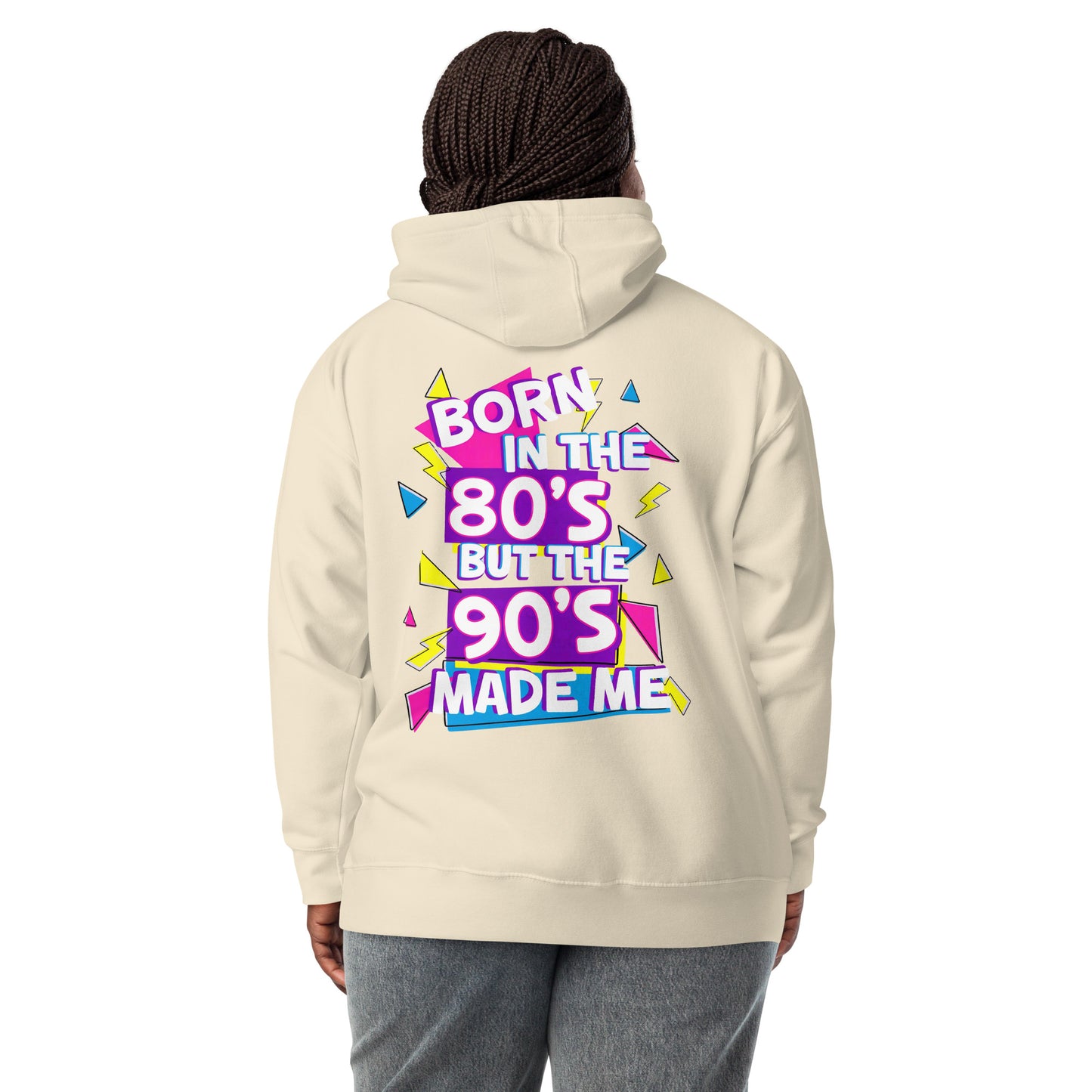 Unisex retro hoodie with bold 80s and 90s neon graphic design – Hipyfi streetwear. bone-back