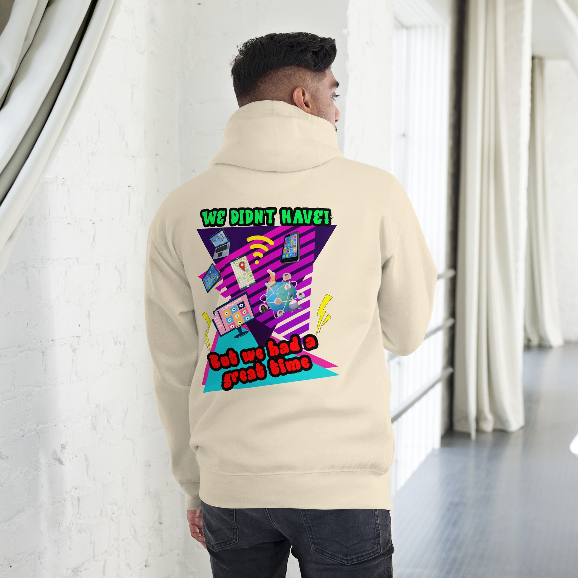Unisex 80s retro hoodie with bold neon graphic and “Don’t Blame Me, The 80s Made Me” text – Hipyfi streetwear style. bone-back
