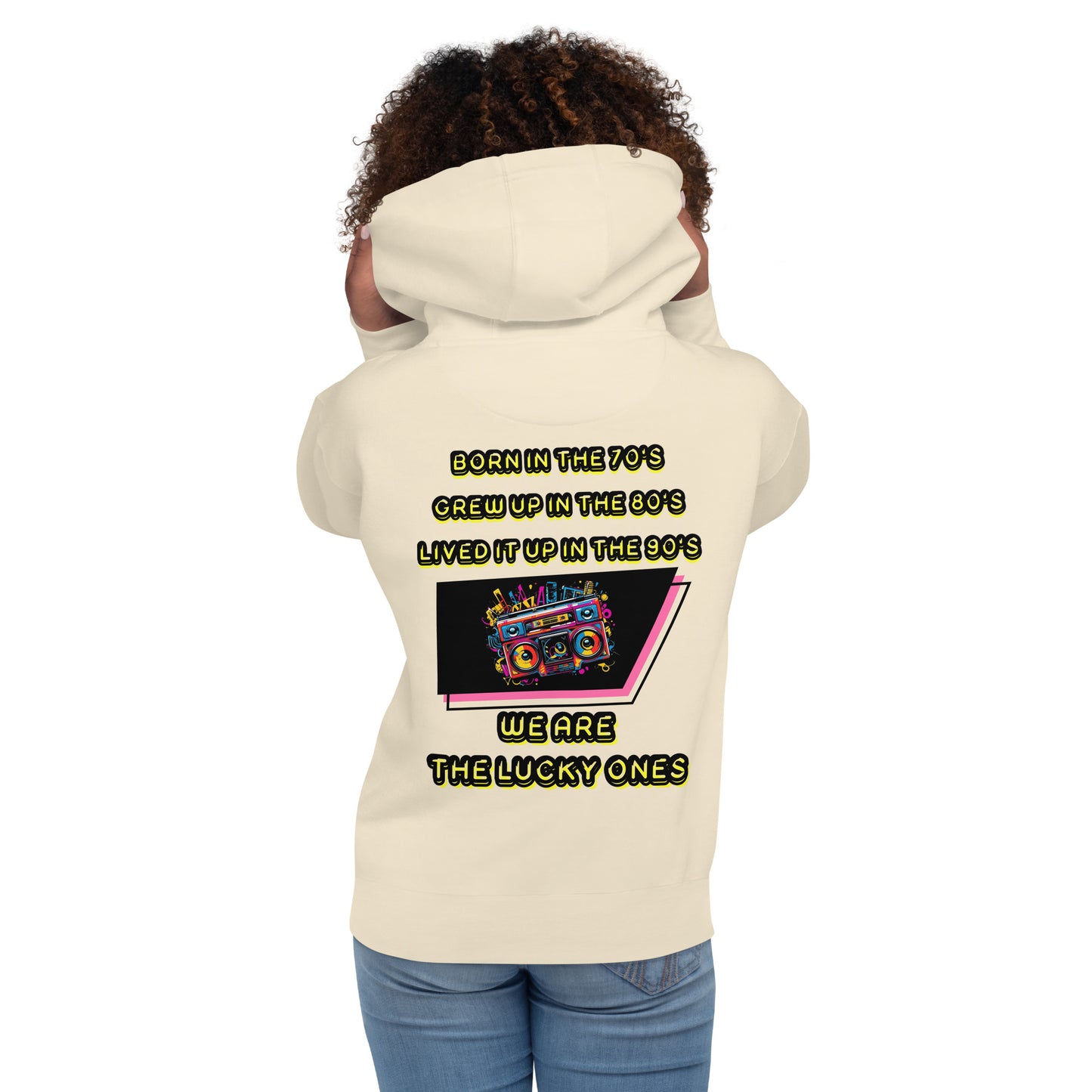 Retro graphic unisex hoodie with 70s 80s 90s boombox design by Hipyfi – vintage streetwear style. bone-back