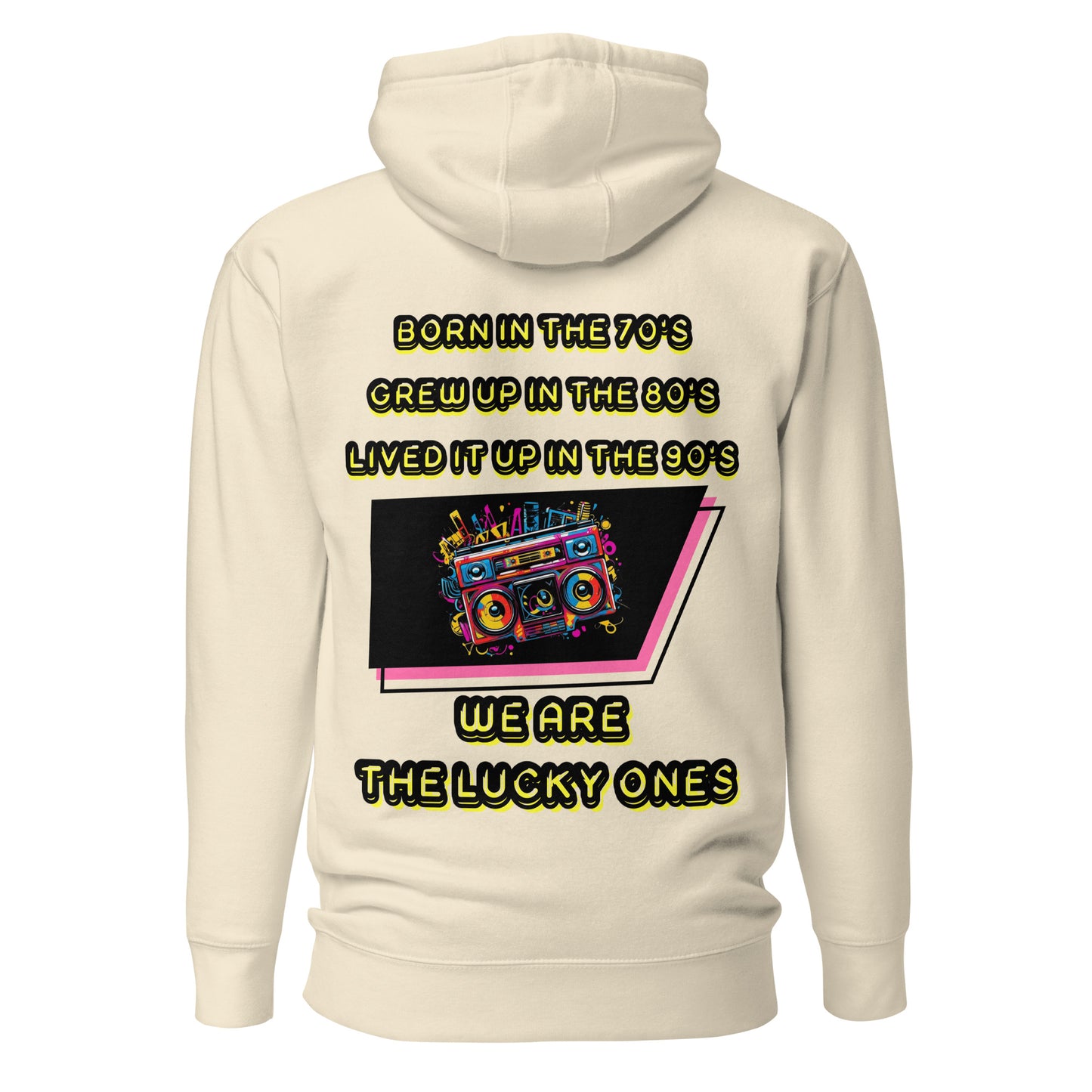 Retro graphic unisex hoodie with 70s 80s 90s boombox design by Hipyfi – vintage streetwear style. bone-back-2