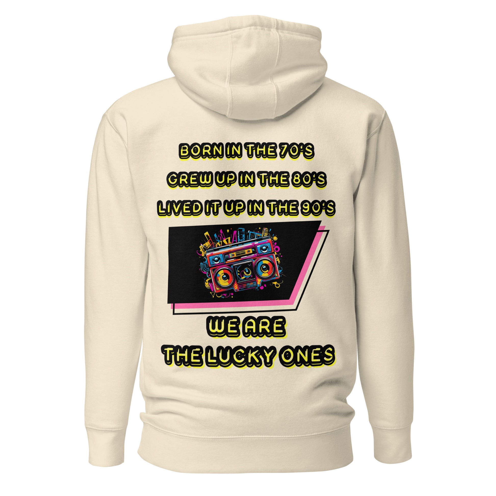 Retro graphic unisex hoodie with 70s 80s 90s boombox design by Hipyfi – vintage streetwear style. bone-back-2