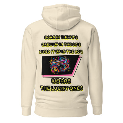 Retro graphic unisex hoodie with 70s 80s 90s boombox design by Hipyfi – vintage streetwear style. bone-back-2