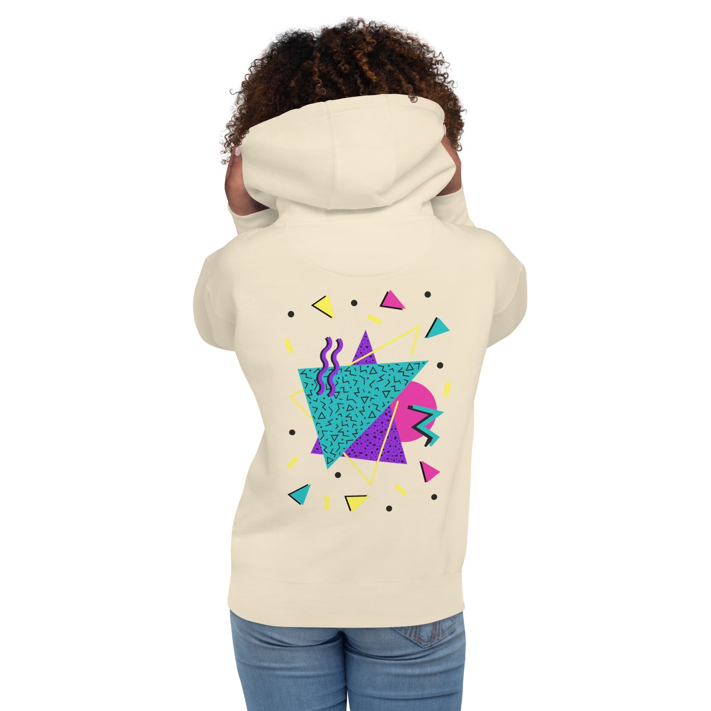 Retro Pop Memphis Hoodie with colorful geometric abstract design – unisex streetwear by Hipyfi Clothes & Design. bone-back