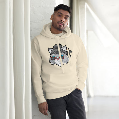 Street Cat Unisex Hoodie featuring cartoon bandana cat graphic – Hipyfi Clothes & Design streetwear. bone-front