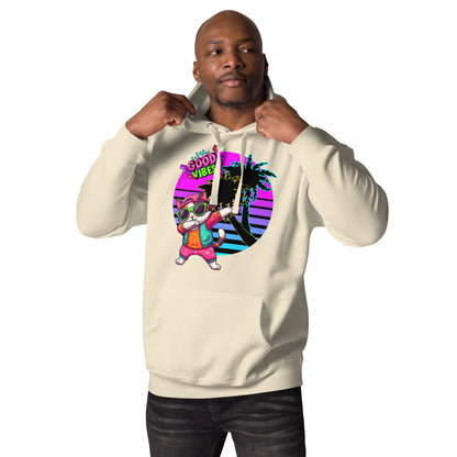 Unisex retro neon graphic hoodie with dabbing cat and Good Vibes text – Hipyfi streetwear. bone-front