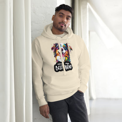 Colorful pop art dog hoodie with 'Always My Best Friend' design – unisex streetwear by Hipyfi. bone-front