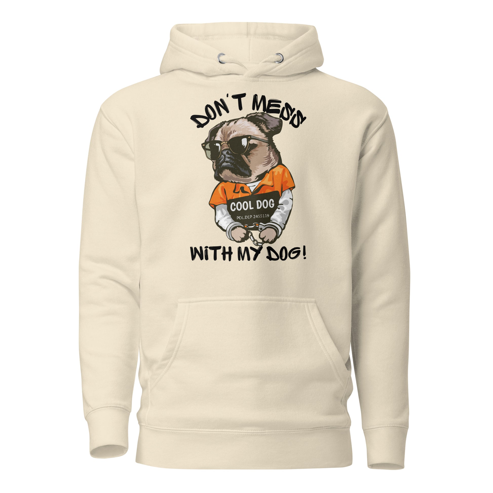 Funny pug mugshot graphic on unisex streetwear hoodie – Cool Dog design by Hipyfi Clothes & Design. bone-front-2
